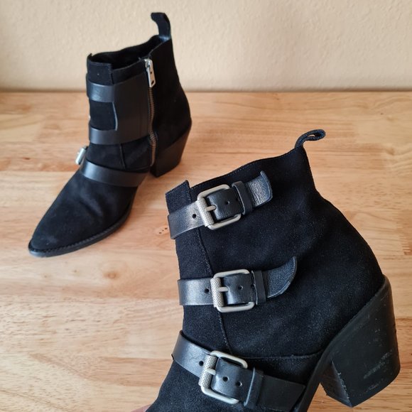 Allsaints Lulu Triple Buckle Black Moto Pointed Toe Heeled Ankle Booties Boots - Picture 4 of 7